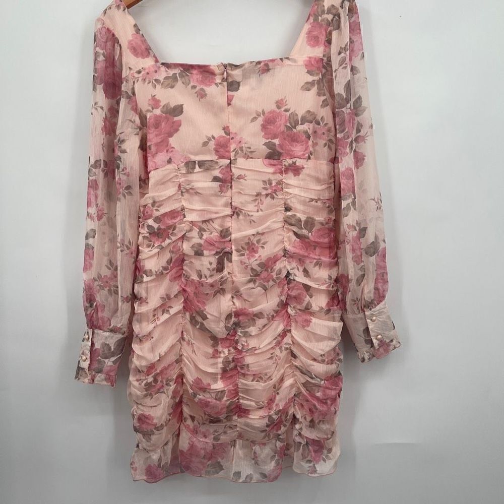 Eilly Bazar Womens Pink Floral Mini Long Sleeve Ruffle Ruched Dress Size Large - Picture 2 of 5